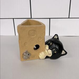 Vintage Figi Brand Tuxedo Cat And Mouse Cheese Pen Holder Vase Votive Holder